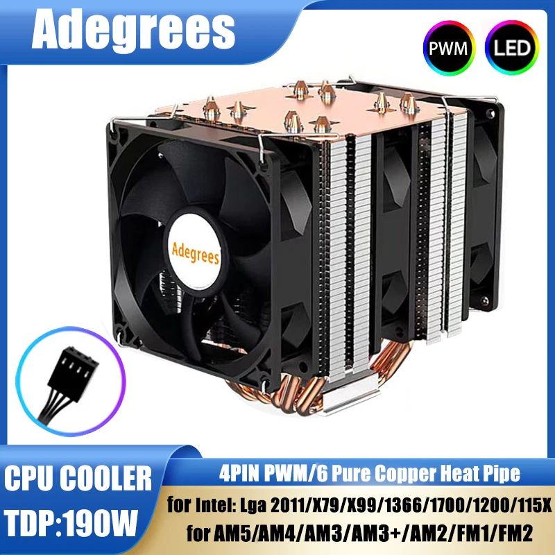 

Кулер для ЦП с 6 тепловыми трубками, 4-контактный кулер для ПК, тихий вентилятор для Intel LGA 1700 1200 1150 1151 1155 2011 X79 X99 AM3 AM4 AM5
