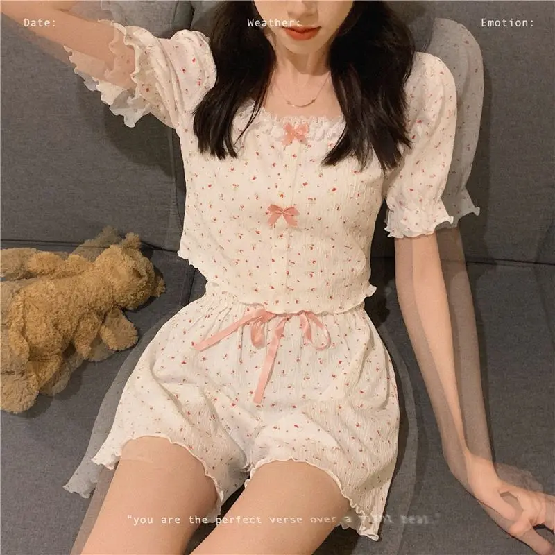 Floral Sleepwear Women Pajama Sets Teenage Girls Pijama Shorts Suit Home Summer Korean Lace Bow Night Wear for Sleeping 2 Pieces