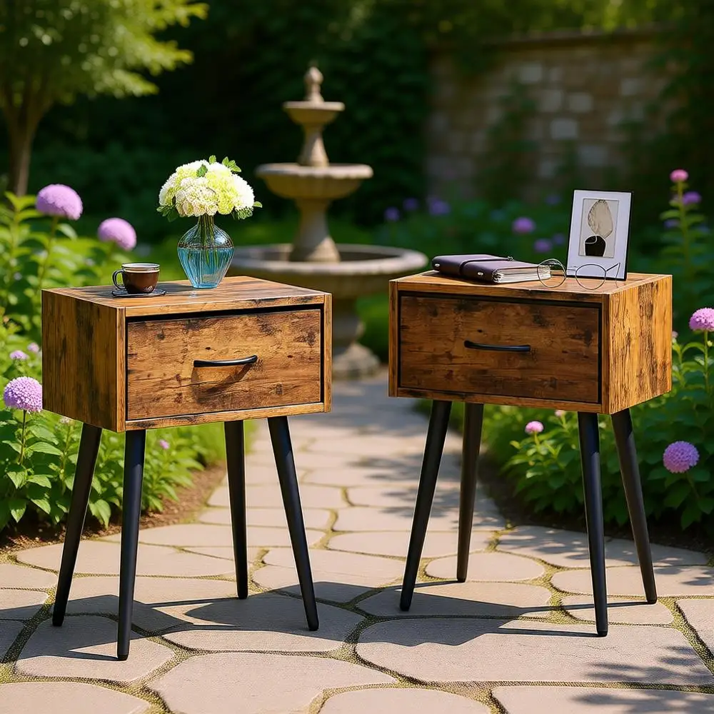 

Pair of Rustic Brown Nightstands with Fabric Drawer and Metal Legs, Suitable for Couch Side or Bedroom Living Room