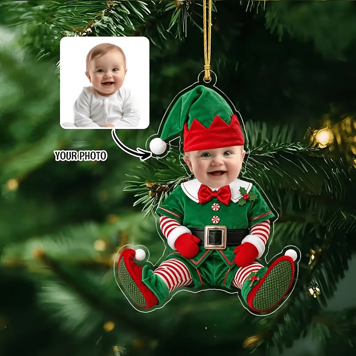 Custom 2D Personalized Elf-Themed Acrylic Photo Ornaments, Christmas Tree Decorations, Christmas & New Year Photo Keepsakes for