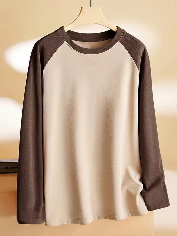 Double-Sided German Velvet round Neck T-Shirt Loose Casual Shoulder Sleeve Long Sleeve Autumn Winter Thermal Top Versatile