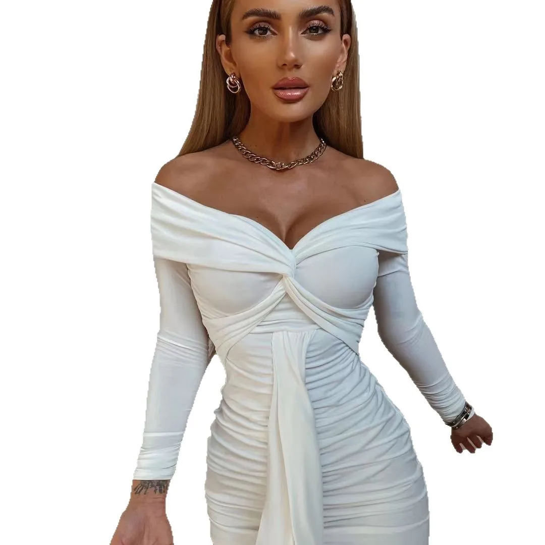 Robe plissée transfrontalière pour femmes, Streamer, Sexy, col en v, épaules dénudées, manches longues, nouvelle collection automne et hiver 2025