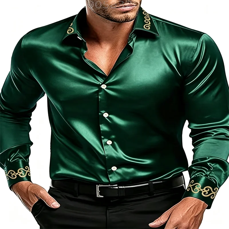 Men Silky Satin Button‑Down Shirt Luxury Golden Trim Decor Long Sleeve Turn‑Down Collar Male Banquet Party Business Casual Dress