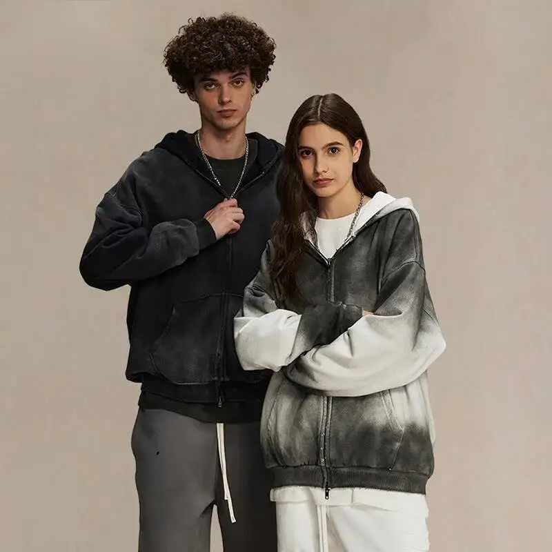 Niche Design Men's Hoodies Dirty-dying Contrast Color Distress Pocket Hooded Washing Fashion Male Sweatshirt Autumn 9W8WAF