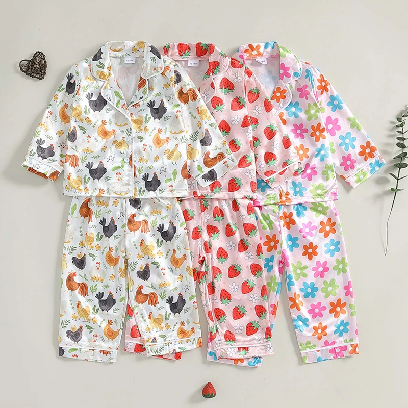 1-5 Years Kids Girls Pajamas Set Floral/Chicken/Strawberry Print Button Long Sleeves Shirt Elastic Pants Loungewear Sleepwear