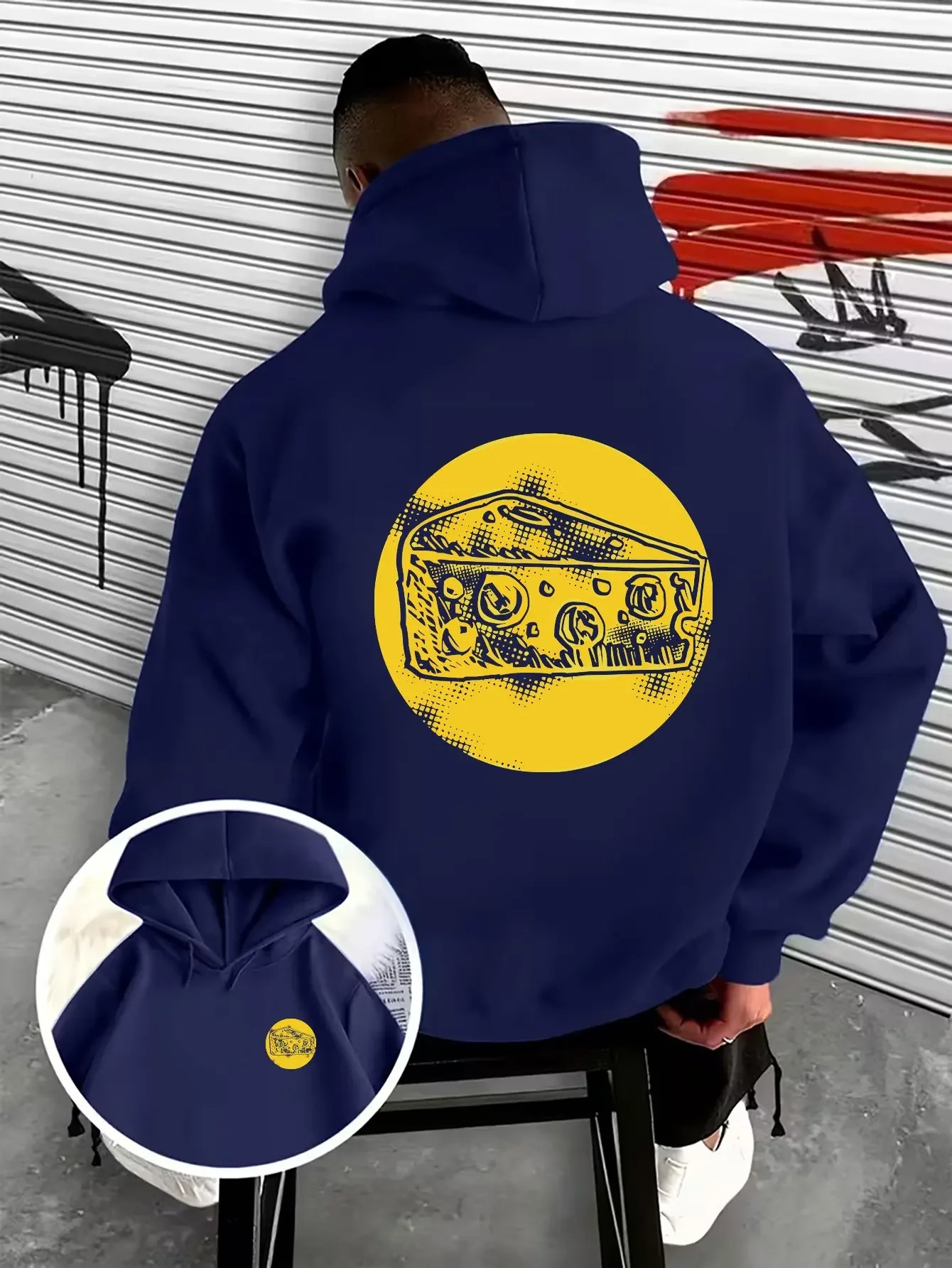 Men Oversized Hoodie Pop Art Cheese Slice Yellow Circle Front And Back Print Long Sleeve Streetwear Autumn Winter Pullover