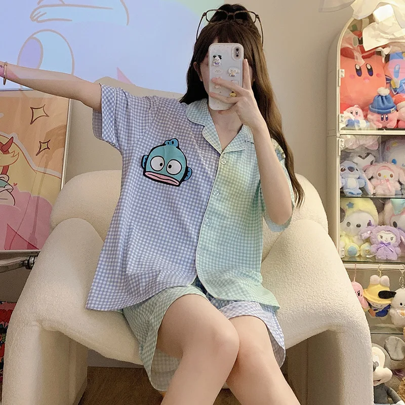 

Kawaii Sanrio Hangyodon Women Leisure Pajamas Summer Cotton Short-Sleeved Shorts Cartoon Anime Splicing Color Home Clothes Suit