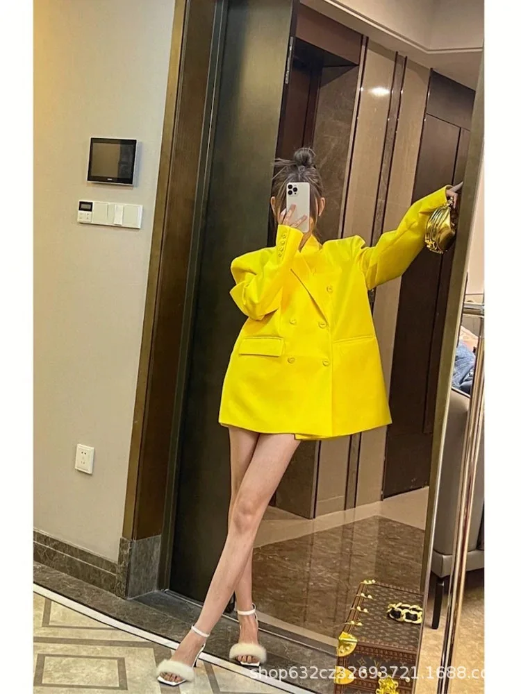 Fashion Yellow Oversize Blazer Coat for Women 2024 Early Autumn New Design Sense Chic Idle Style Casual Suit Jacket Top Ladies