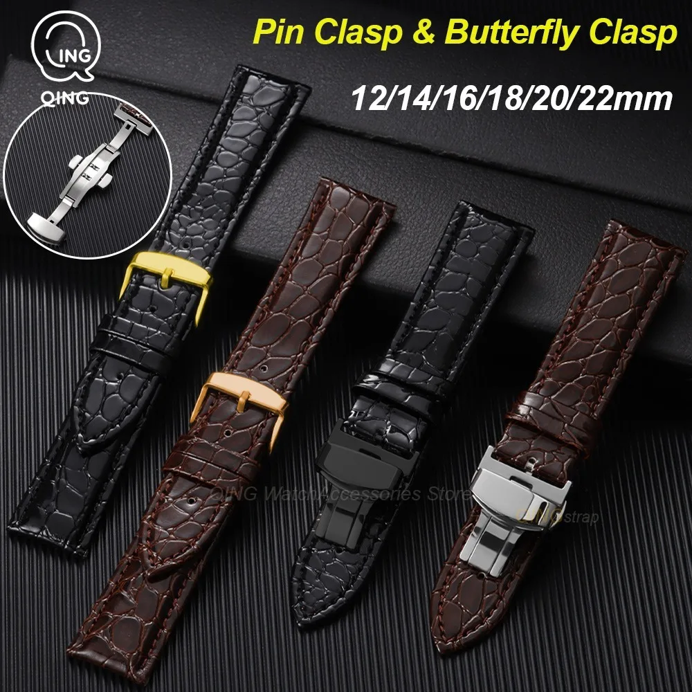 12/14/16/18/19/20/22mm Crocodile Pattern Watch Strap Leather Watchbands Gold Buckle Bracelets Men Wrist Band for Seiko for Omage