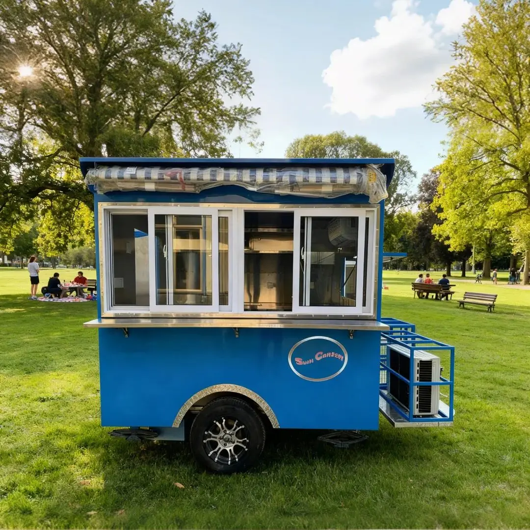 Compact Bright Blue Food Trailer Outdoor Operating Vehicle with Multiple Windows Exquisite Design