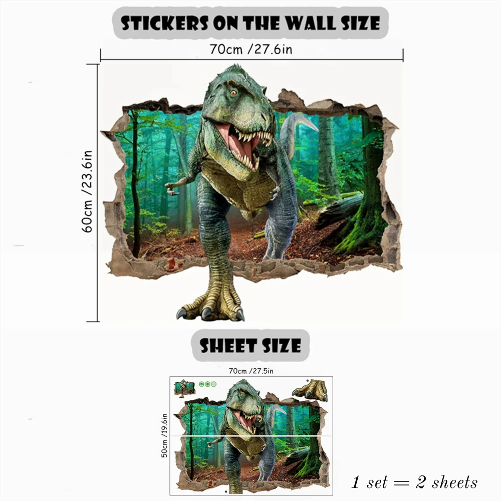 3D Tyrannosaurus Broken Wall Hole Dinosaur Forest Stickers Removable Vinyl Art Mural Decal for Kids Bedroom Living Room Decor