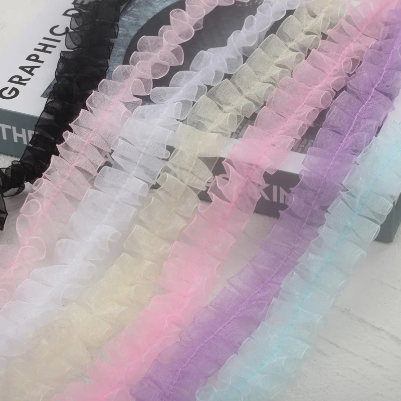 10Yards 2.5CM Wide Organza 3d Pleated Lace Fabric Needlework Ruffle Trim Frilled Fringe Ribbon Dress Clothes Sewing Material