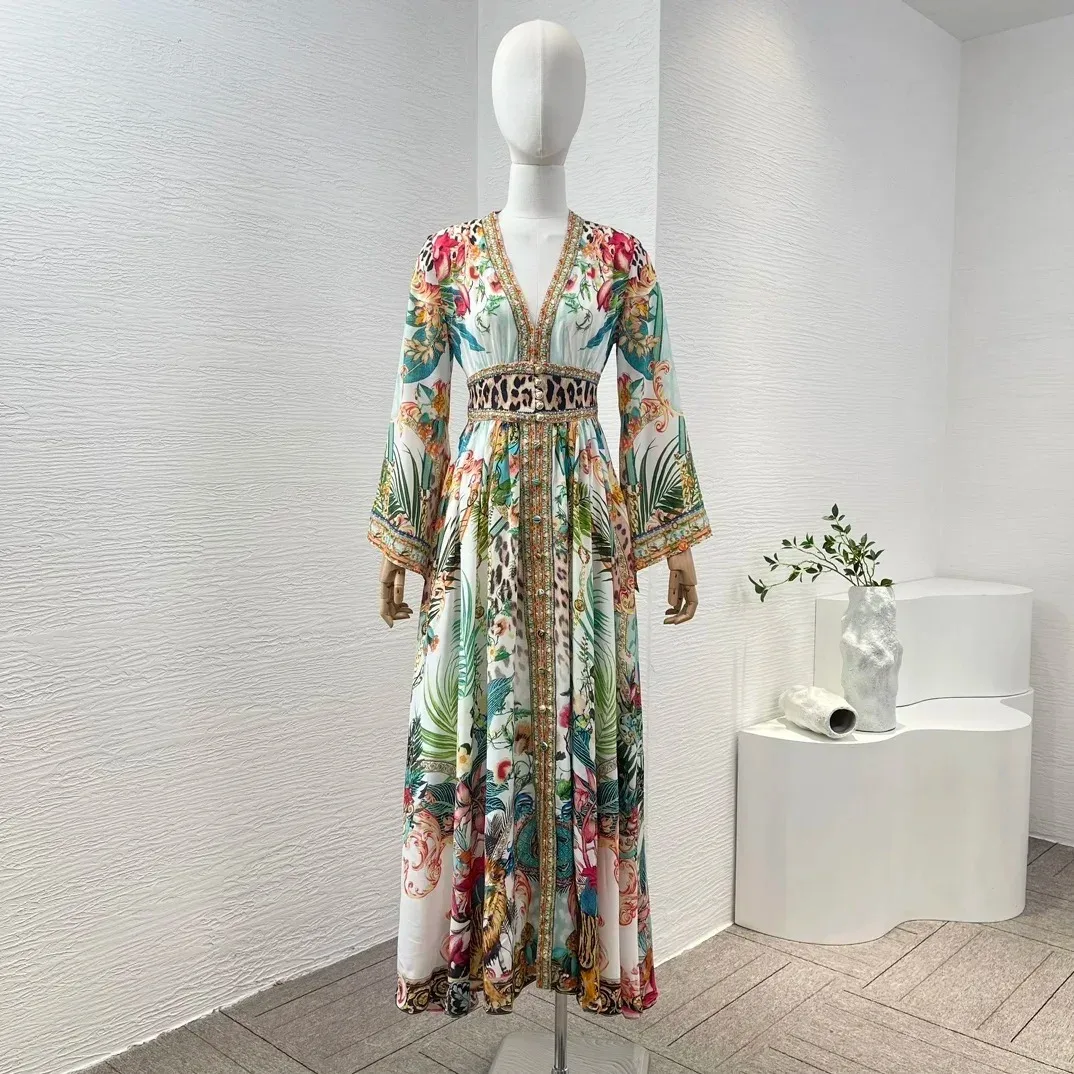 

New Collection Green Floral Position Print Long Sleeve V-Neck Diamonds Women Silk High Quality Midi Dress 2024