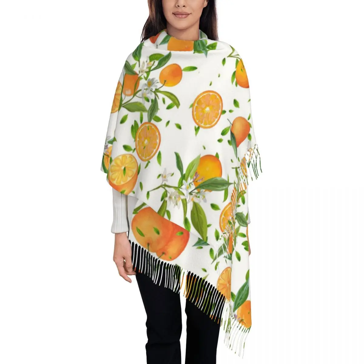 Tropical Summer Fruit Citrus Tree Oranges Lemons Flowers Scarf Tassel Scarves Women Soft Warm Shawls and Wraps Shawl Wrap