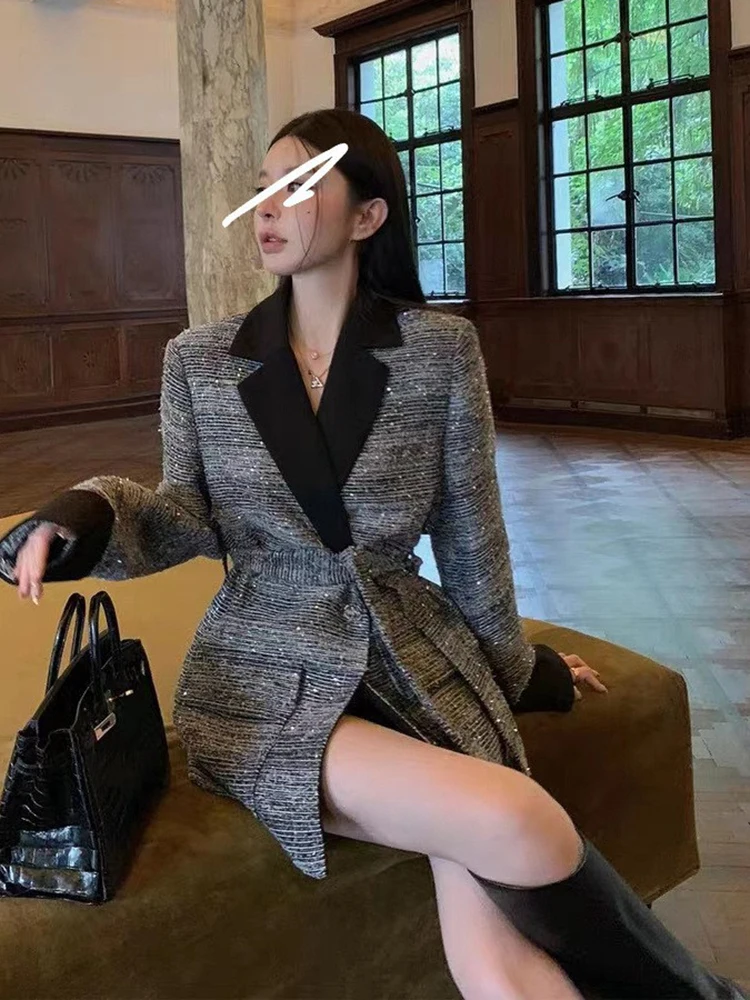 

French Heavy Industry Shiny Silk Woven Jacket Women Autumn Winter Mid Long Waistband Jacket High-end Coarse Wool Coat