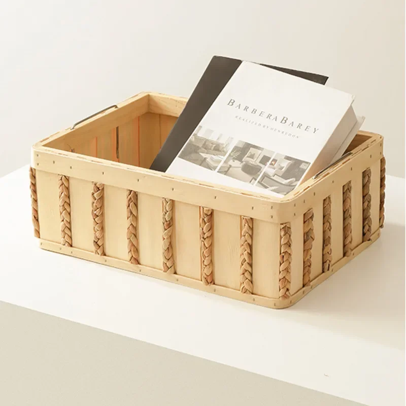 Wooden Grass Woven Storage Baskets, Desktop Organizer  with  Handles,  Beautiful Storage Containers, Natural Box