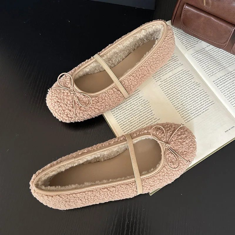 موضة فاخرة رقيق النساء الشتاء أحذية مصممين مريحة الإناث الباليه الشقق الدافئة السيدات ماري جينس الفراء أحذية جديد 2026 #4