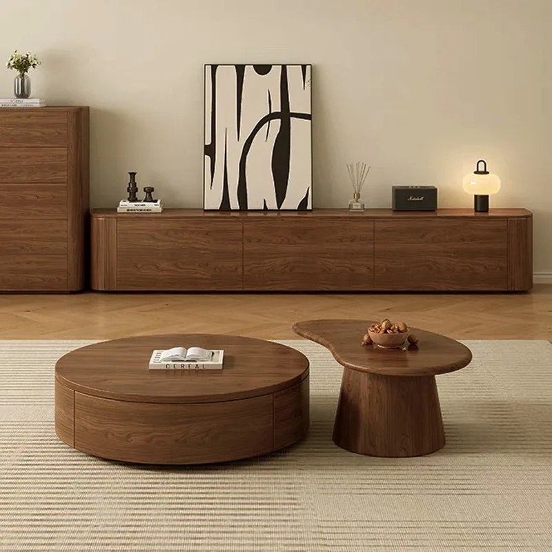 Medieval style coffee table, living room home walnut solid wood pattern high-end retro round coffee table
