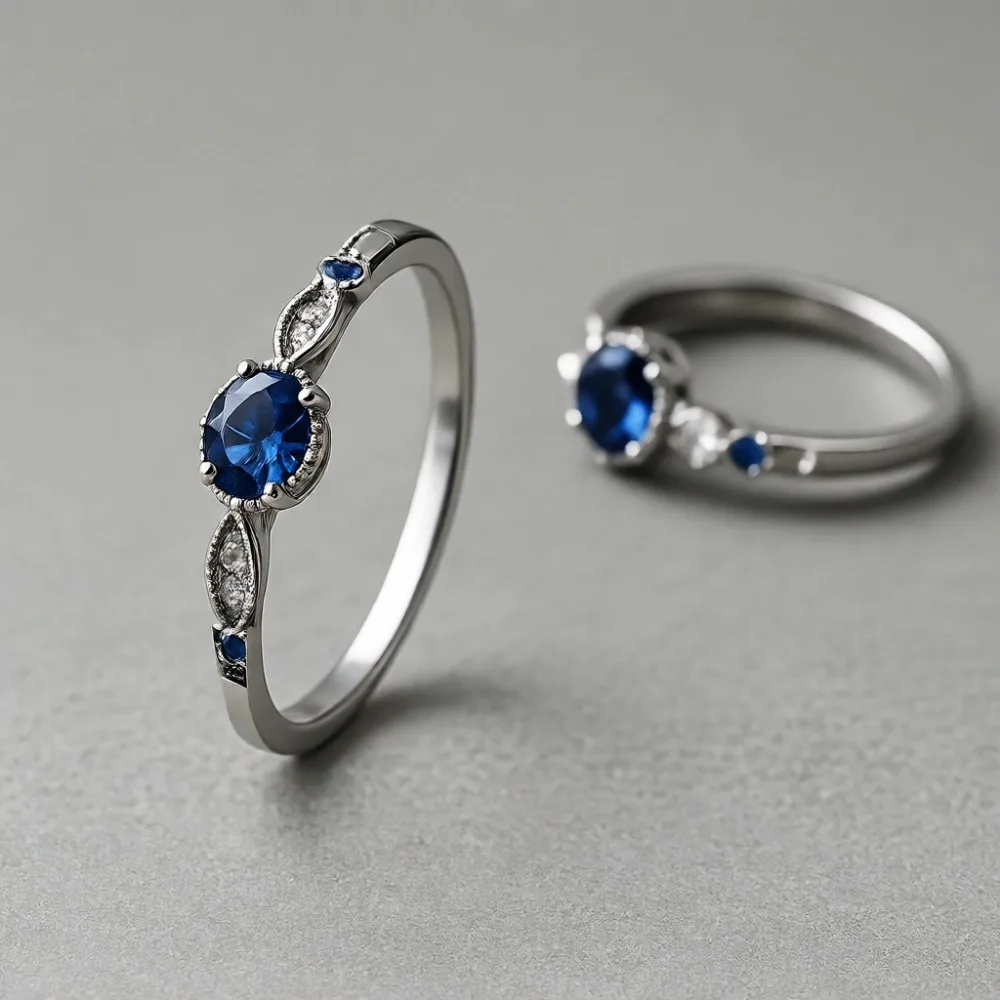 

Комплект из двух колец из стерлингового серебра 925 пробы с синим сапфиром и круглыми фианитами для женщин, размер 9
