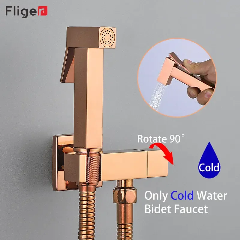 Fliger Rose Gold Bidet Faucet Brass Toilet Bidet Sprayer Single Cold Water Handheld Toilet Bidet Faucet Hygienic Shower Head