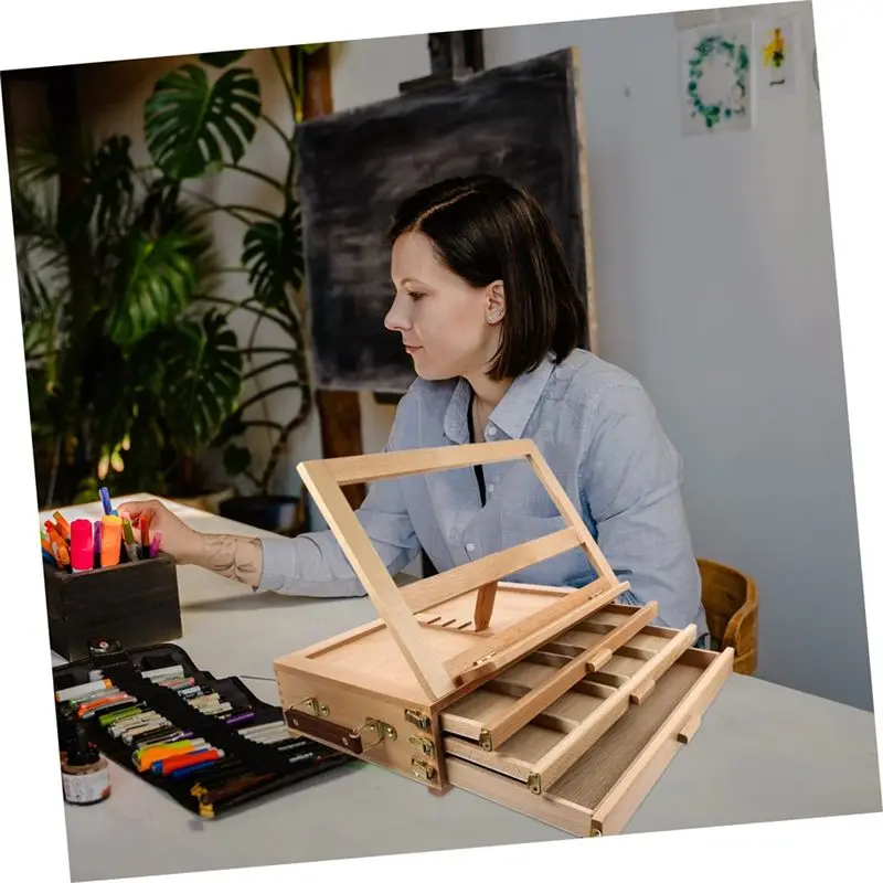 ABSK-Wood Desk Table Easel - Handcrafted Beechwood Desktop Easel & Wooden Art Tabletop Box For Drawing, Painting For Storage