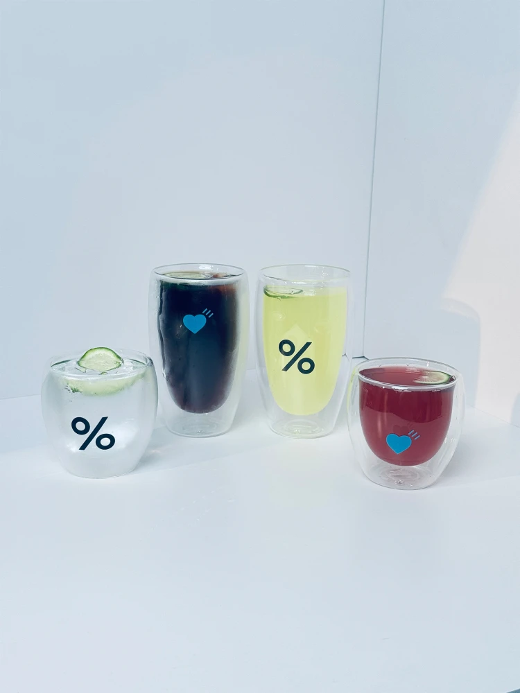 

Heat Resistant Insulated Double Layered Glass Coffee Cup Percentage Symbol Simple Sle Transparent Silk Screen Printed Cup