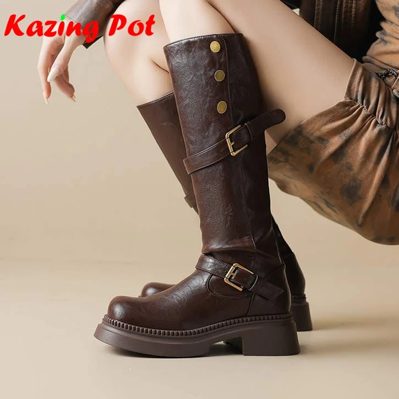 Microfiber Round Toe Modern Equestrian Boots Dating Winter Shoes Thick High Heels Metal Rivets Belt Buckle Women Knee-high Boots