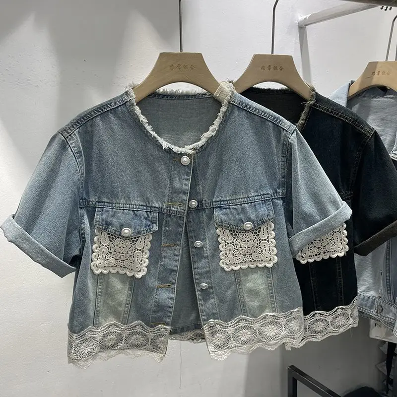 

New Lace Patchwork Short Sleeved Denim Jacket Women's Summer Elegant Thin Style Casual Cowboy Shirt Jacket Top