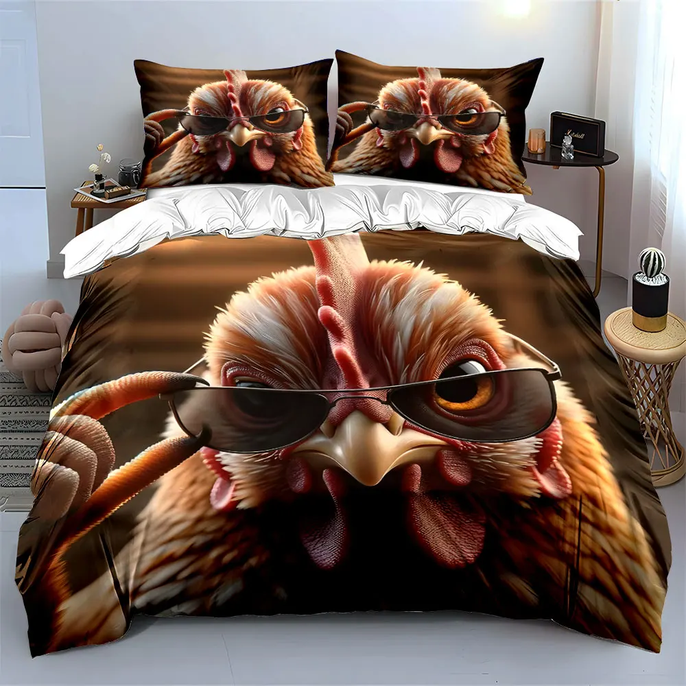 Funny Stylish Chicken with Sunglasses Print Bedding Set 1Duvet Cover 2Pillowcases for Adult and Children Luxury Gift Full Size