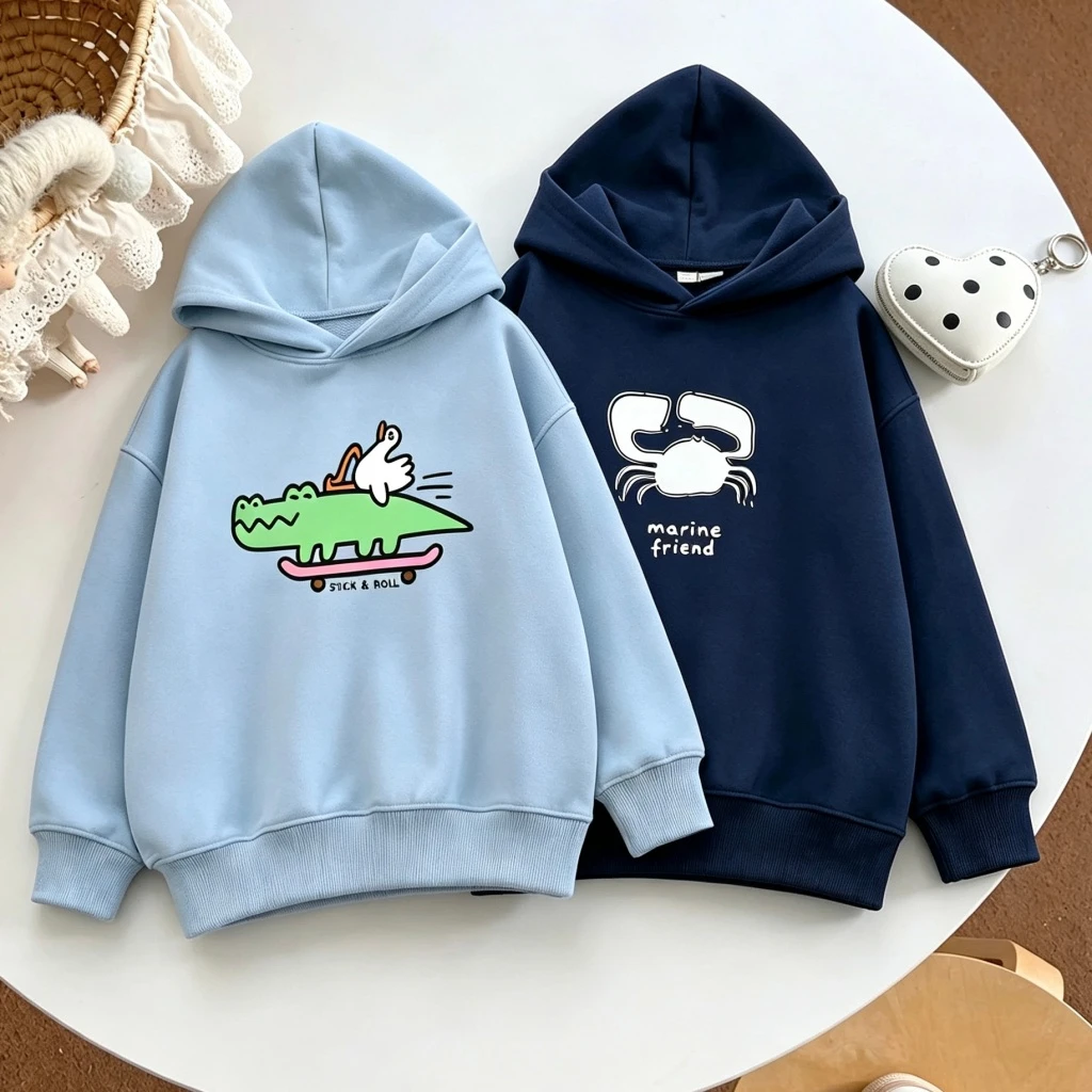 Apple Cherry Print Sweatshirts Velvet Solid Color Hooded Tops Outer Wear New Design Autumn Clothing Kids Fashion Lovely Hoodies