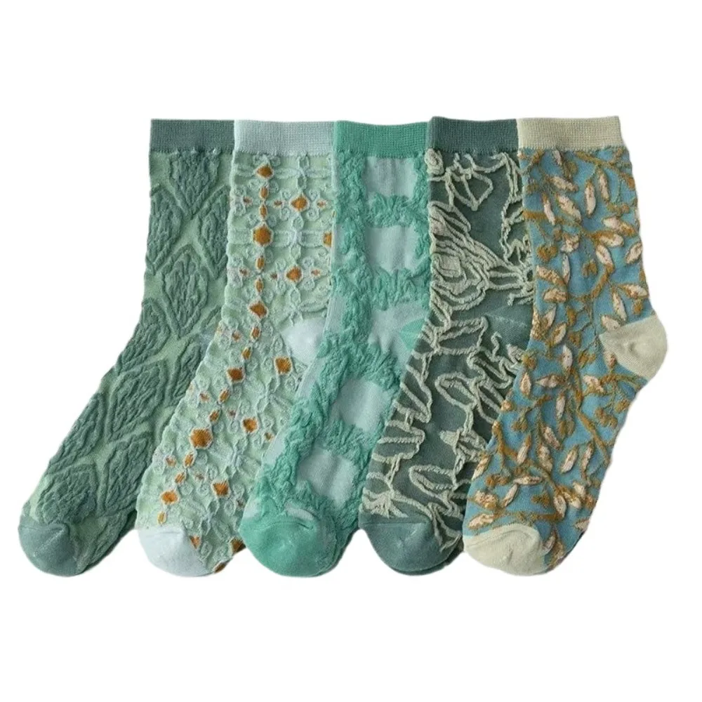 

5Pairs Elastic Flower Floral Tube Socks Retro Style Breathable Girls Mid-calf Socks Hosiery Thin Sweet Sock Women Female