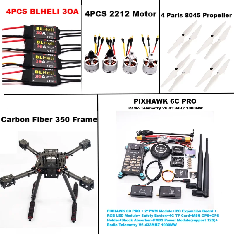 RctoSky Carbon Fiber 350 PIXHAWK 6C PRO M8N KitFlight Control Ardupilot Radio Telemetry Quadcopter BLHELI 30A 2212 Motor ESC