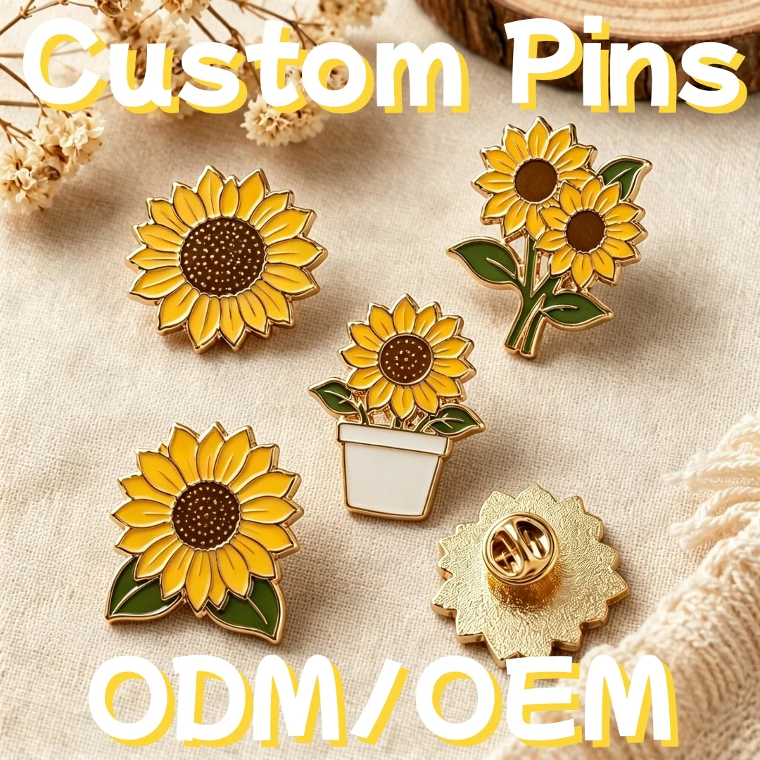 Custom Metal Lapel Pin Sunflower Floral Enamel Brooch Personalized Gold Rim Flower Jacket Backpack Decor DIY Holiday Gift