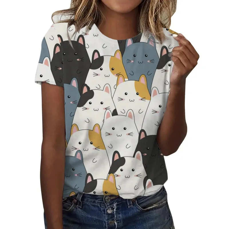 New Cute Cat T-Shirts Animal Kitten 3D Print Women's Summer O-Neck Short Sleeves T Shirt Y2k Harajuku Tees Tops Female Clothing