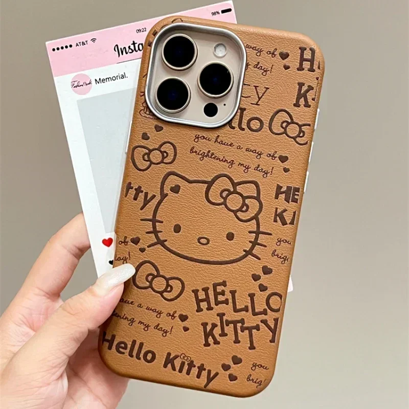 Capa de couro bonito dos desenhos animados, Sanrio, Olá Kitty Bow Brown, à prova de choque, Capa dura, Sanrio, iPhone 16, 15, 14, 13, 12, 11, Pro, Max