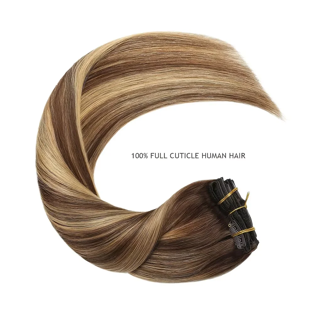 8 Pcs Highlight Straight Clip Ins Human Hair P4/27 100% Unprocessed Real Hair  Clips In Hair Thicker Ombre Raw Hair Extensions