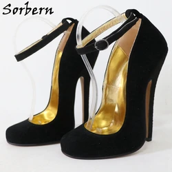 Sorbern 14Cm 16Cm scarpe da donna Sexy pompa da donna in vera pelle tacco alto tacchi a spillo neri opachi punta tonda cinturini alla caviglia personalizzati