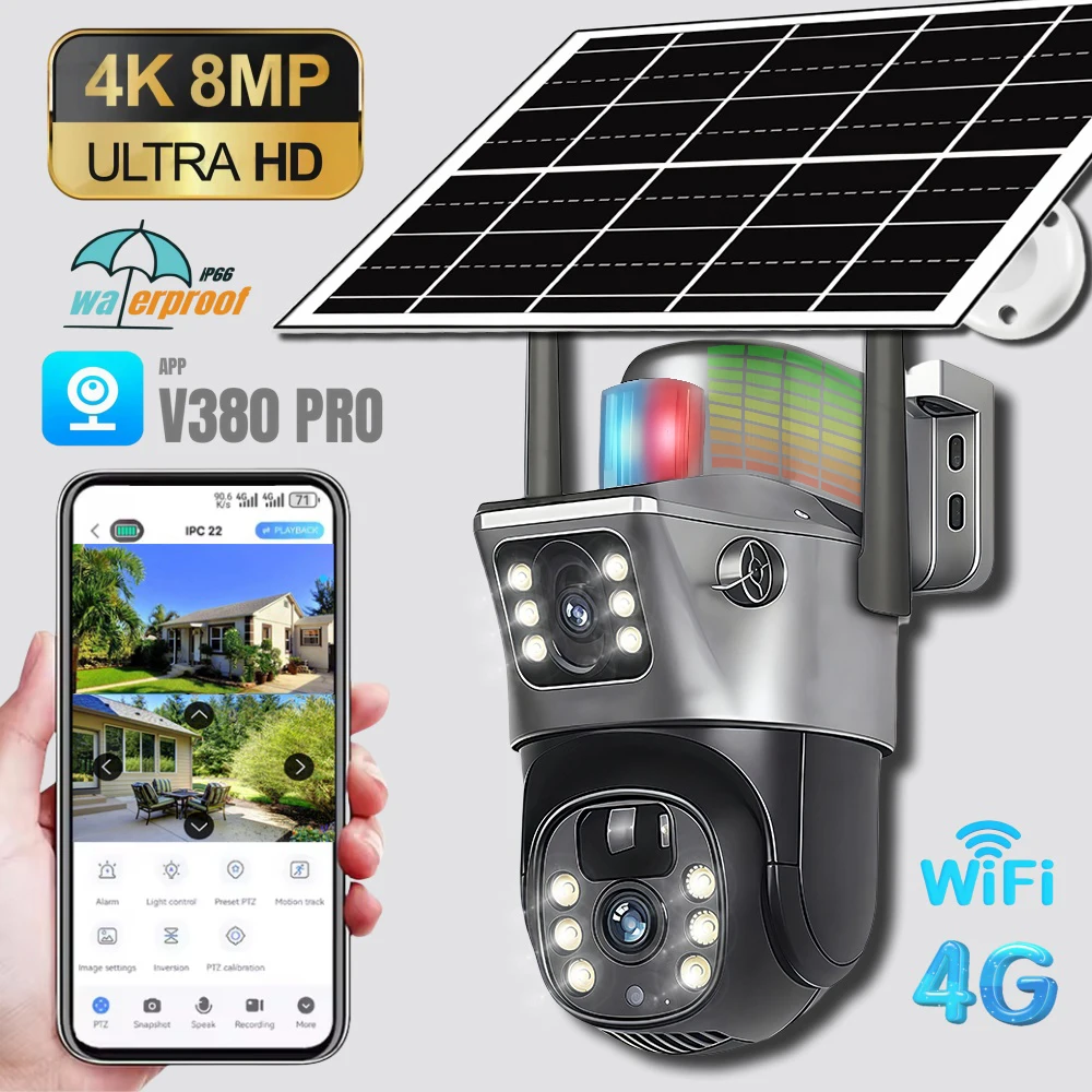 Dual Lens Solar 4G IP Camera 8MP 4K Wireless Surveillance Camera WiFi for Smart Home Night Vision with People Detection CCTV