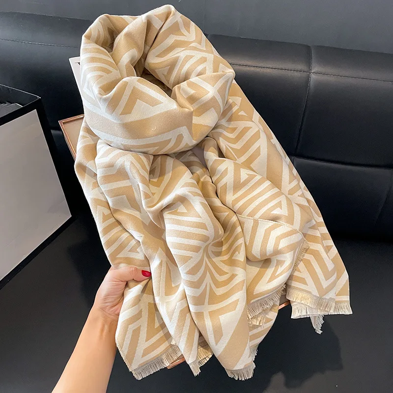 2023Autumn and Winter New Imitation Cashmere Women'sScarf Stripe High Grade Feeling Shawl Wrapped with a Warm Dual Purpose Scarf