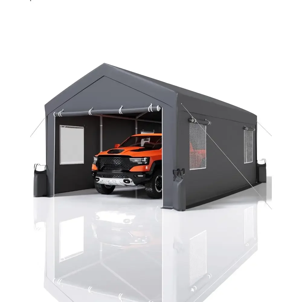 10x20 ft Durable Portable Carport with Roll-Up Windows, All-Weather UV-Protected Shelter for Vehicles and Equipment - Grey