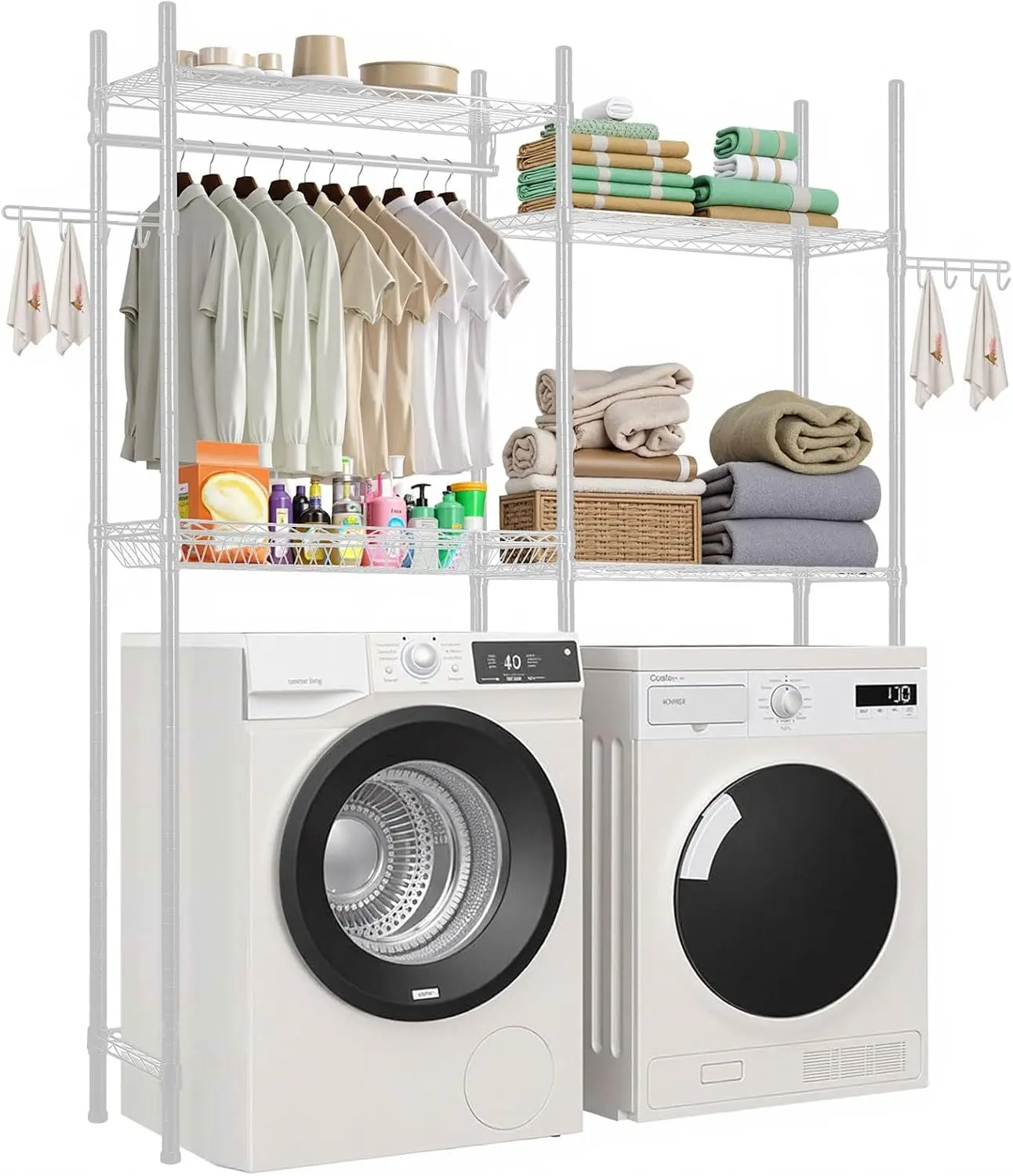 Over The Washer and Dryer Storage Shelf, 4 Tier Laundry Room Drying Rack with Hanger Rod and Hooks, Adjustable Over Washer Dryer