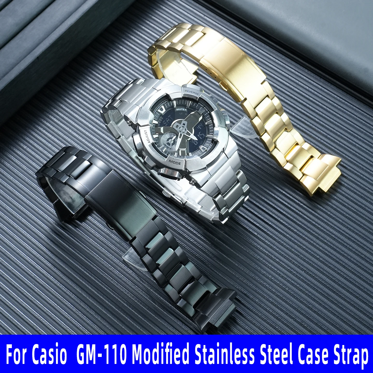 For Casio G-Shock GM-110 Small Steel Cannon Men's watch upgrade Solid Stainless Steel case & strap band Black Gold GM110 Mod Kit
