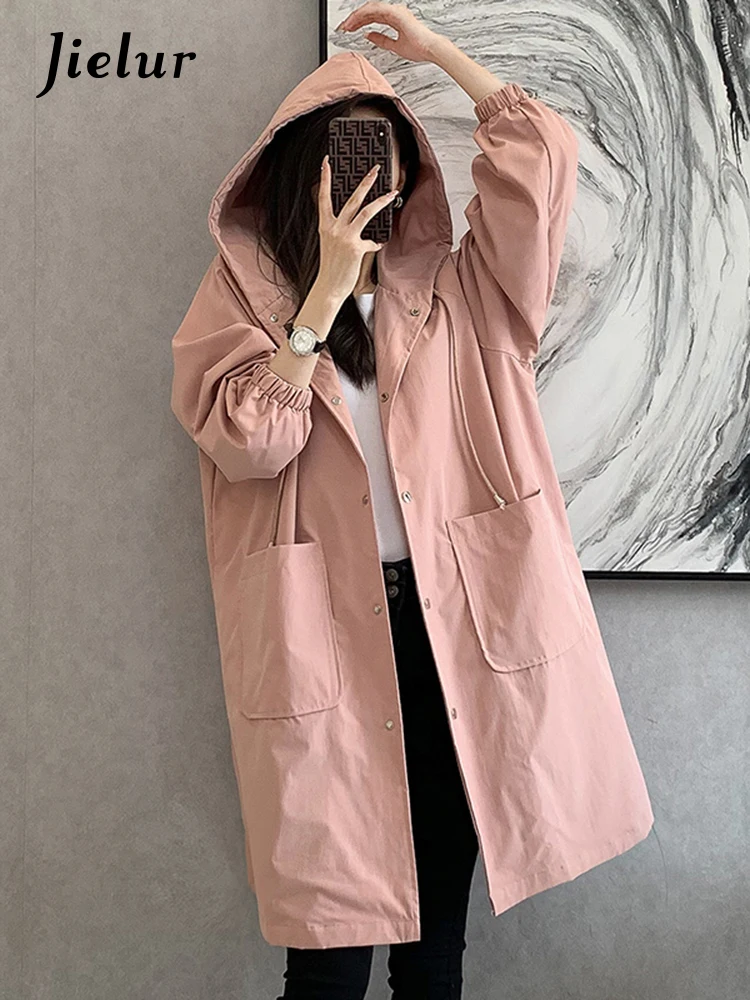 Jielur New Korean Style Loose Female Trench Winter Basic Office Ladies Solid Color Casual Straight Fashion Simple Women's Trench