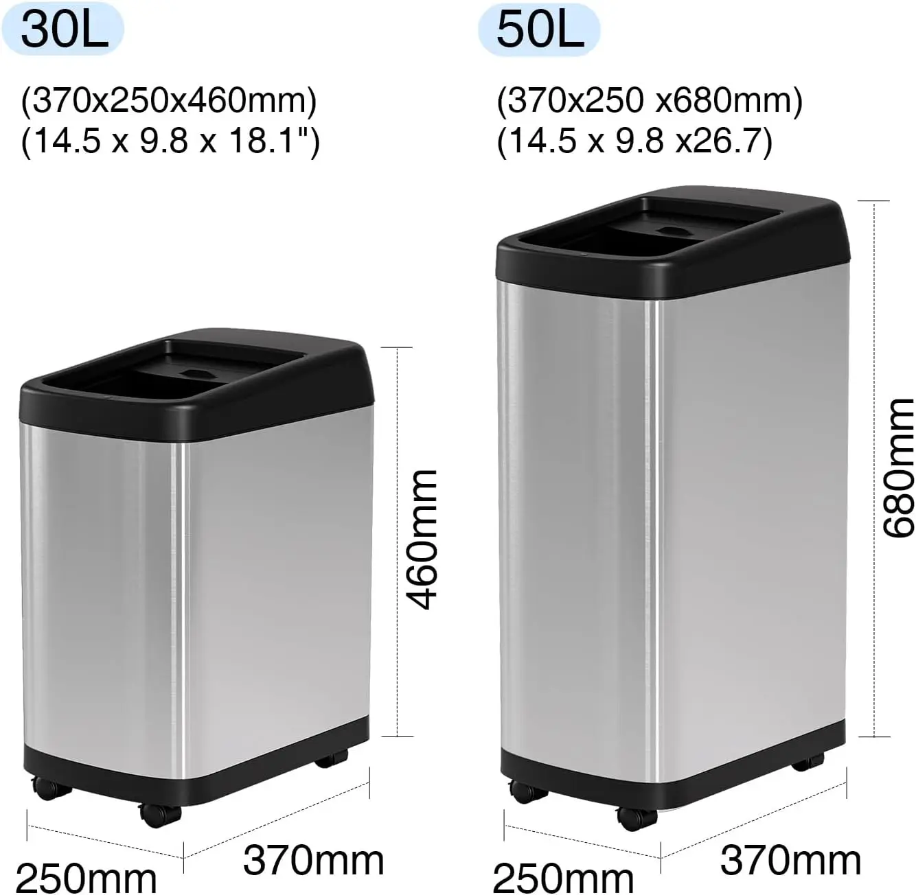 Lixeira de Cozinha de 13 Galões com Tampa Rolante, Lixeira Retangular Automática com Sensor de Movimento Sem Toque e Rodas, Acabamento Escovado