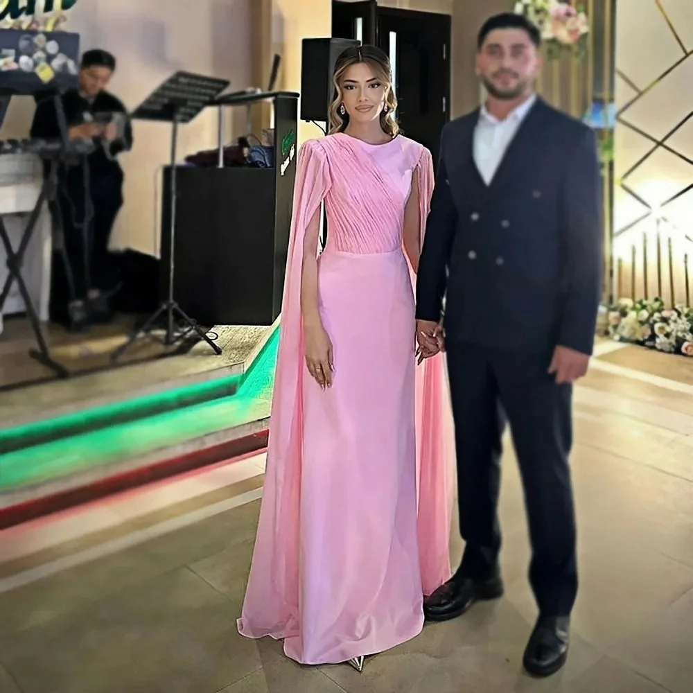 Elegant Pink Celebrity Gown Round Neck Custom Open Sleeve Saudi Arabian Prom Dress Formal Occasion Party Dress 2025 New