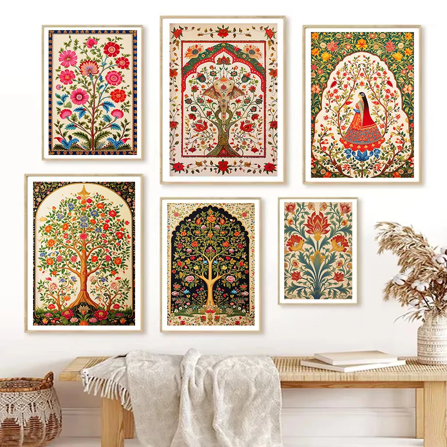 Indian Folk Art Tree of Life Vintage Lotus Persian Floral Pattern Poster and Print Canvas Painting Wall Pictures Home Room Decor