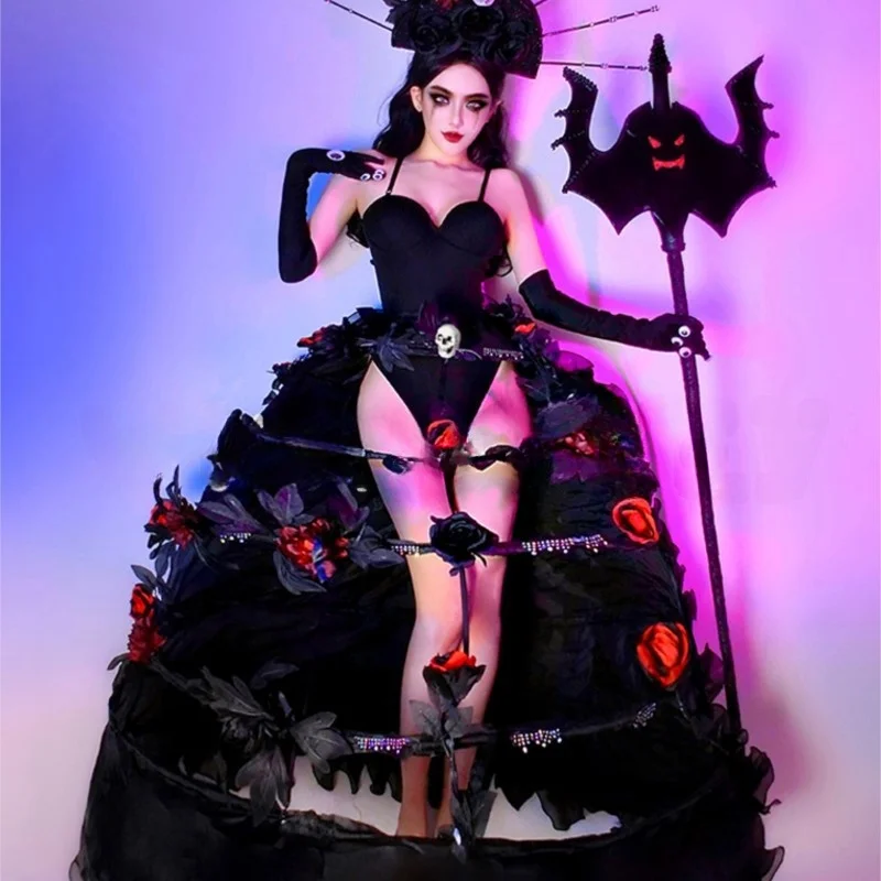 Kunst Bar Kostüm Nachtclub schwarze Hexe Dämon Pompadour Kleid neues Halloween