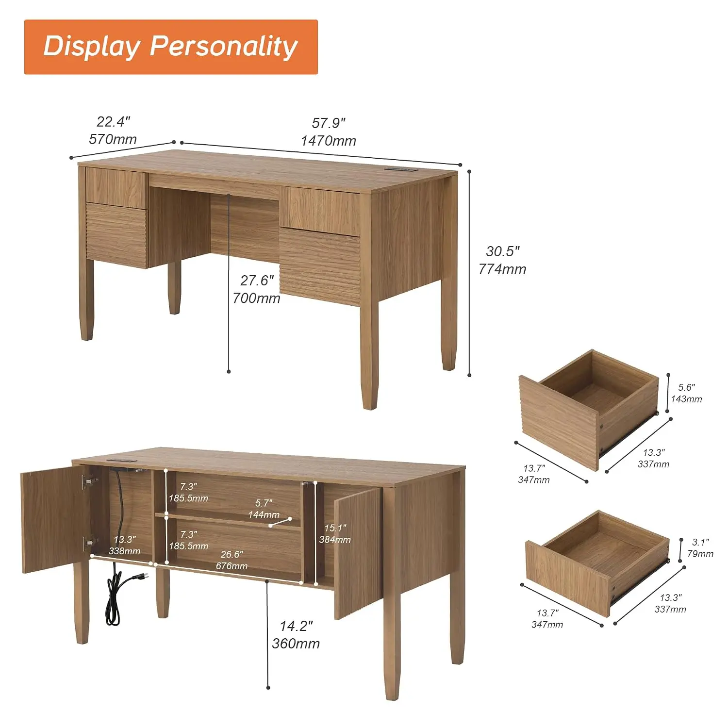 Fluted Executive Desk with Drawers, 58