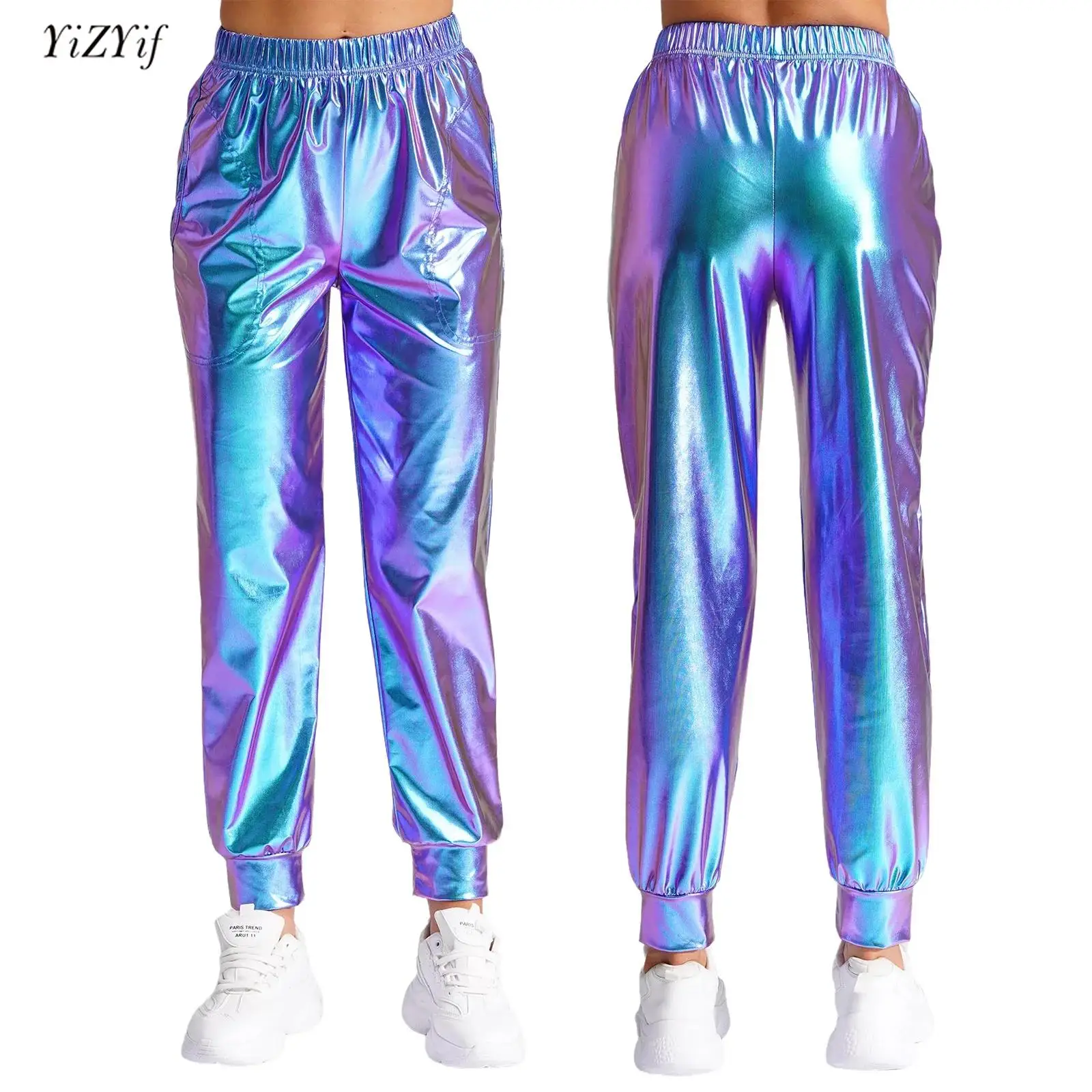 

Women Shiny Metallic Pants Hip Hop Modern Dance Pants High Waist Elastic Waist Sport Pants Metallic Sheen Loose Pants Streetwear