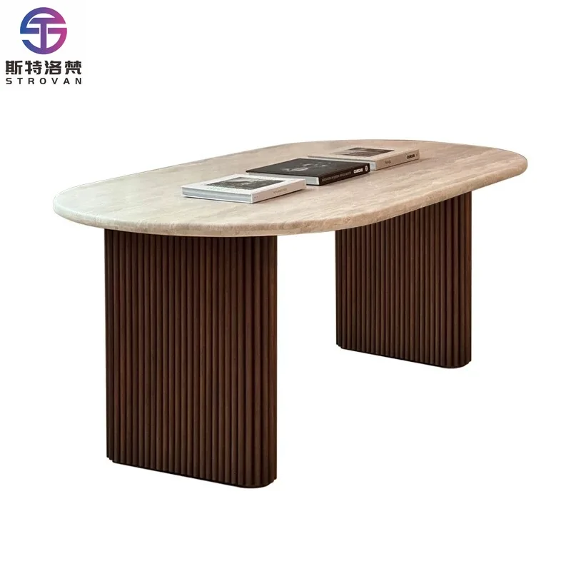 

Nordic Urban Style Home Furniture Solid Wood Dining Table Travertine Top Table for Kitchen Restaurant Dining Room